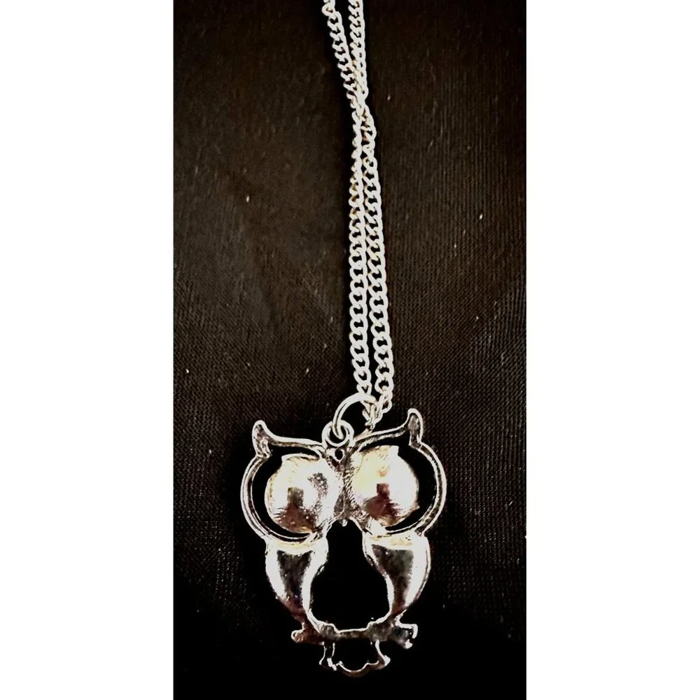 Vintage Owl Necklace Pendant 18 in Chain Extender Black Crystal Eyes Accents EUC